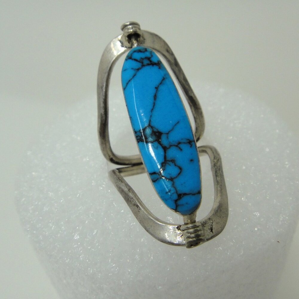 Ring Double Side Blue Black Silver Tone Reversible 2 Stones